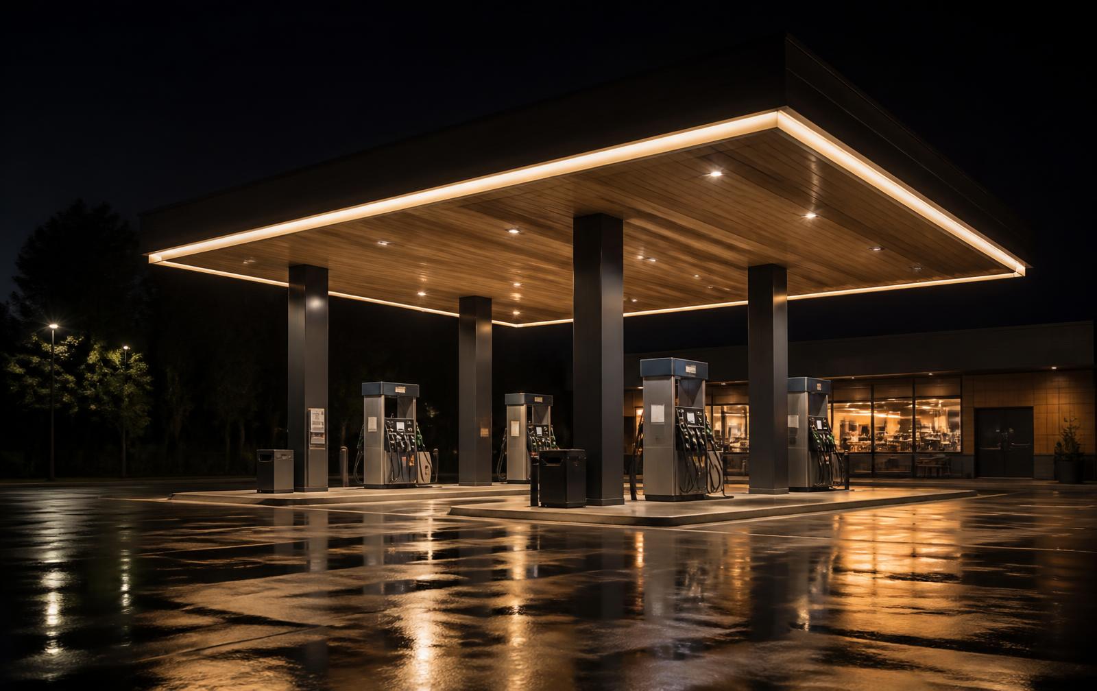 Modern filling station forecourt at night
